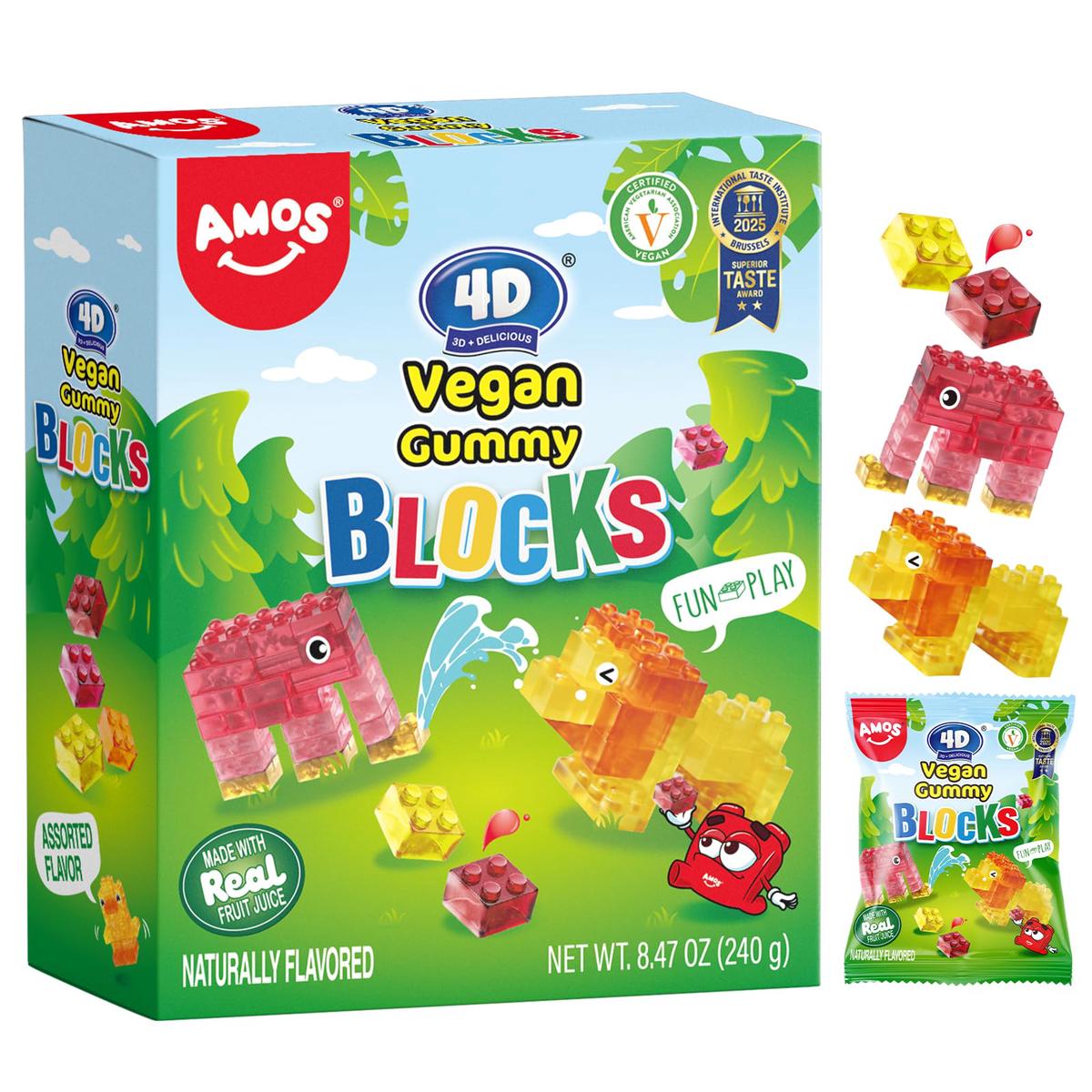 AMOS 4D Vegan Gummy Blocks Candy - Assorted Fruit Flavors  Made with Real Juice  Fun-to-Build Edible Blocks  Fat-Free  (8.47 oz Pack of 1)