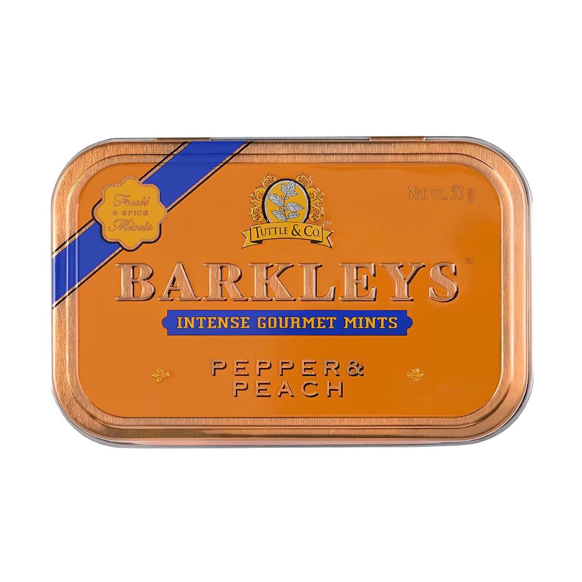 Barkleys Gourmet Pepper & Peach Mints - Vegan Breath Mints in Reusable Travel Tins, 1 Pack of 50 Count