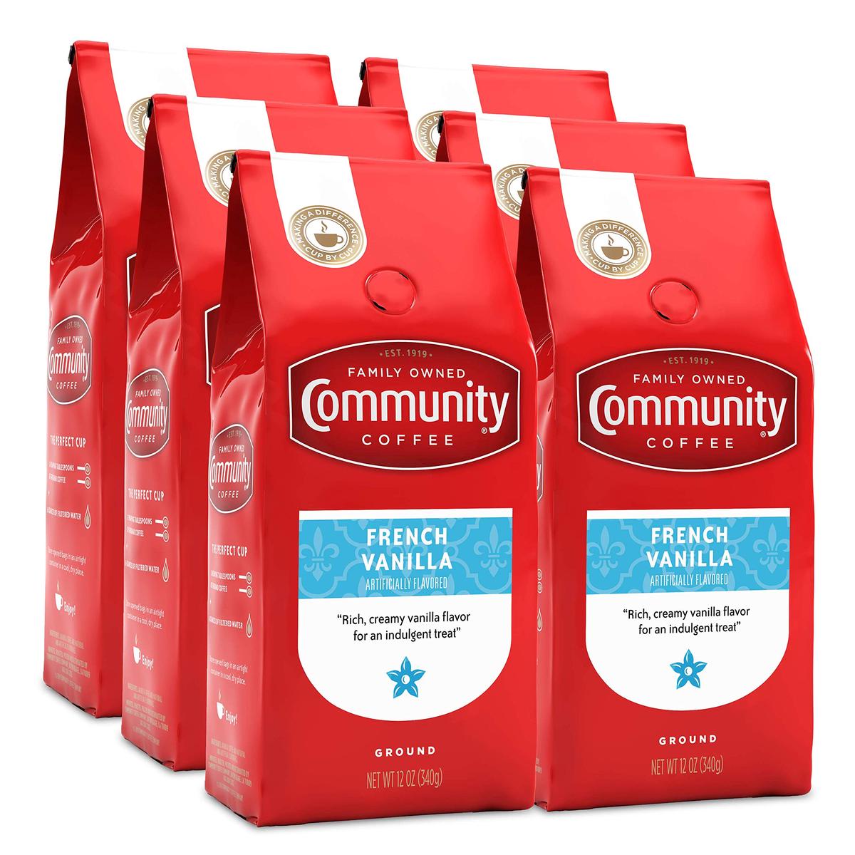 Community Coffee French Vanilla Medium Roast Ground Coffee, 12 Ounce Bag, Pack of 6, 72 Ounces Total