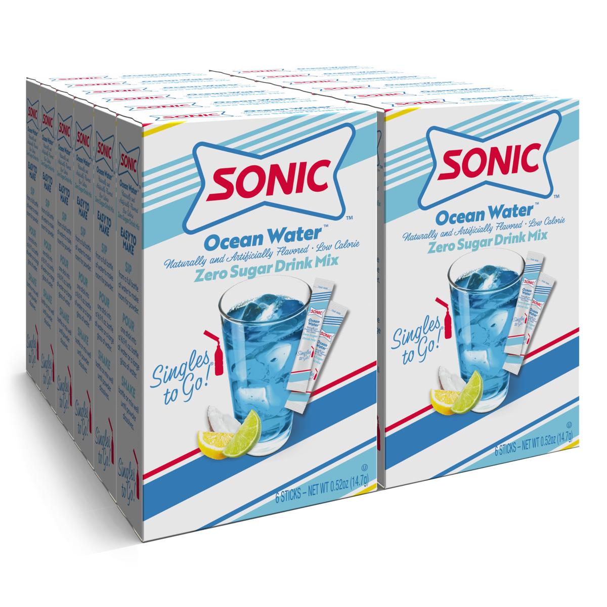 SINGLES TO GO! Sonic Singles Powdered Drink Mix, Ocean Water, 6 Sticks per Box, Pack of 12, 0.52 Ounce Each