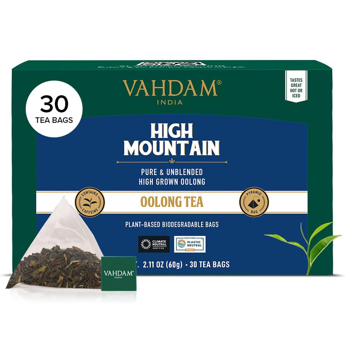 VAHDAM High Mountain Oolong Tea Bags - Non-GMO, Gluten-Free, Light & Floral - 30 Count, Individually Wrapped Pyramid Bags