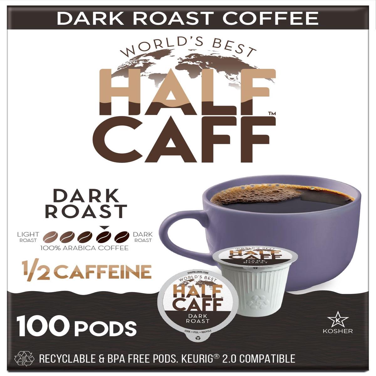 Worlds Best Half Caff Dark Roast Coffee 100ct. Solar Energy Produced Recyclable Single Serve Dark Roast Coffee Pods - 100% Arabica Coffee California Roasted  KCup Compatible