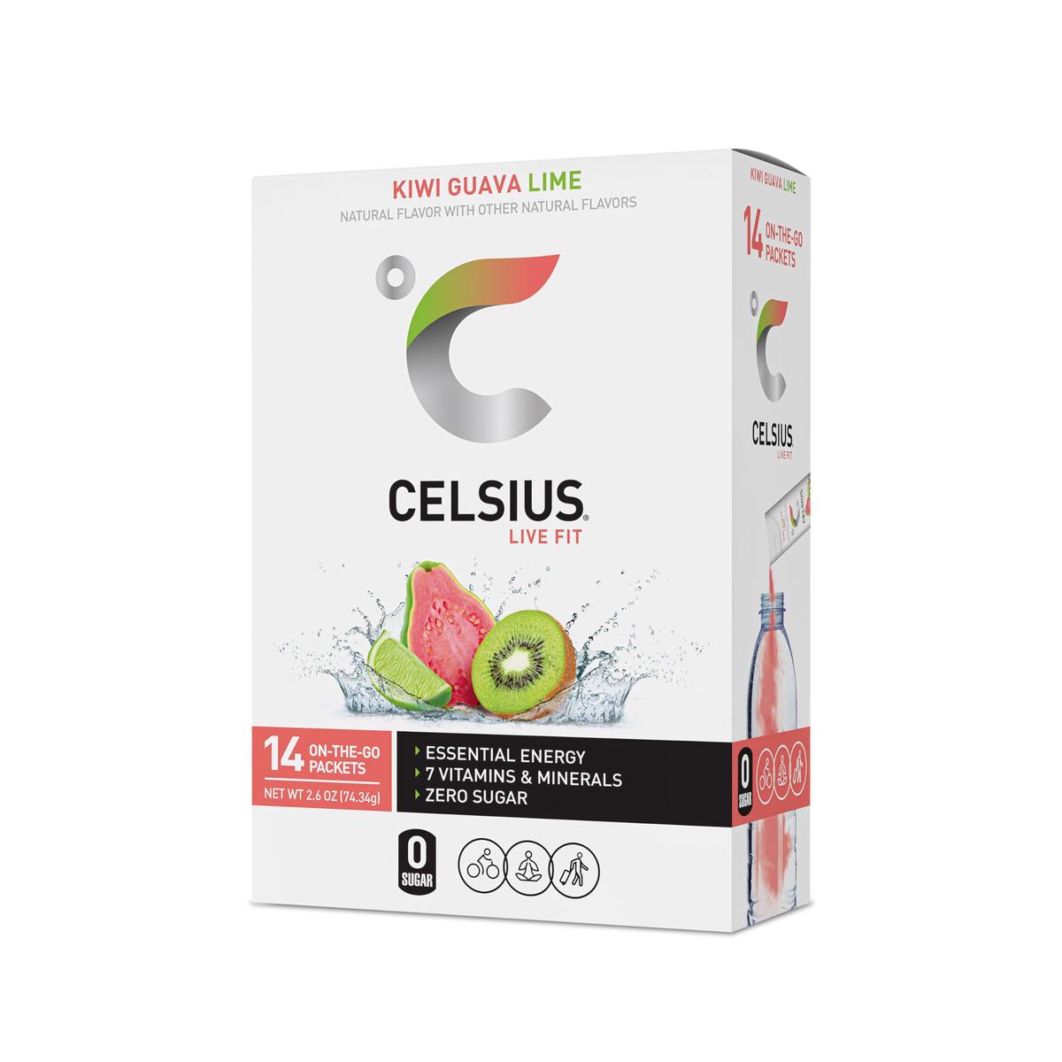 CELSIUS On-the-Go Powder Sticks, Kiwi Guava Lime Flavor, Essential Energy, 2.6 oz (14 Sticks) - Instant Energy Boost
