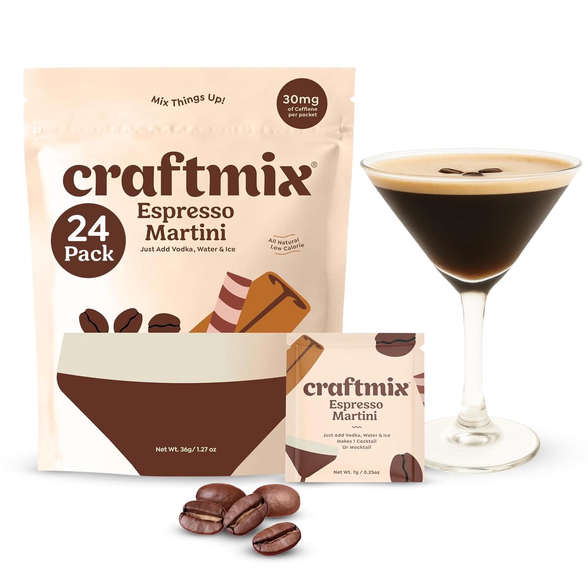 Craftmix Espresso Martini Cocktail & Mocktail Drink Mixer, Skinny Mixes - Water Flavoring Packets - Made With Real Coffee Beans - Vegan, Low-Carb, Low-Sugar, Non-Gmo, Dairy Free, Gluten Free, 24 Pack