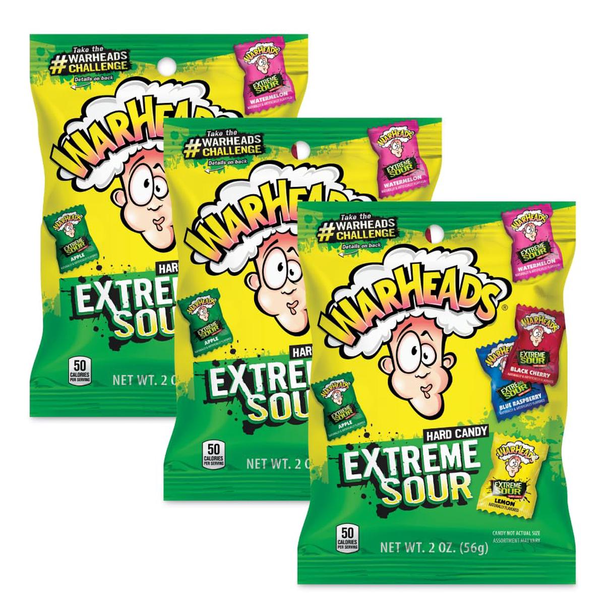 Warheads Extreme Sour Hard Candy Assorted Flavors 2 oz Bags 3 Pack - Sour Apple, Black Cherry, Blue Raspberry, Lemon, Watermelon