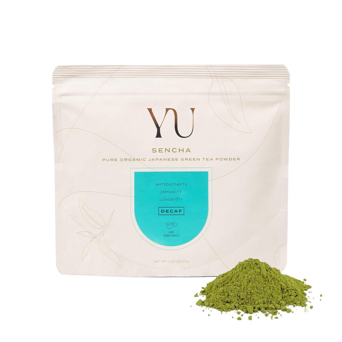 Yu Decaf Organic Sencha Green Tea Powder | Caffeine-Free | 2.65 oz Pouch | 100 Servings