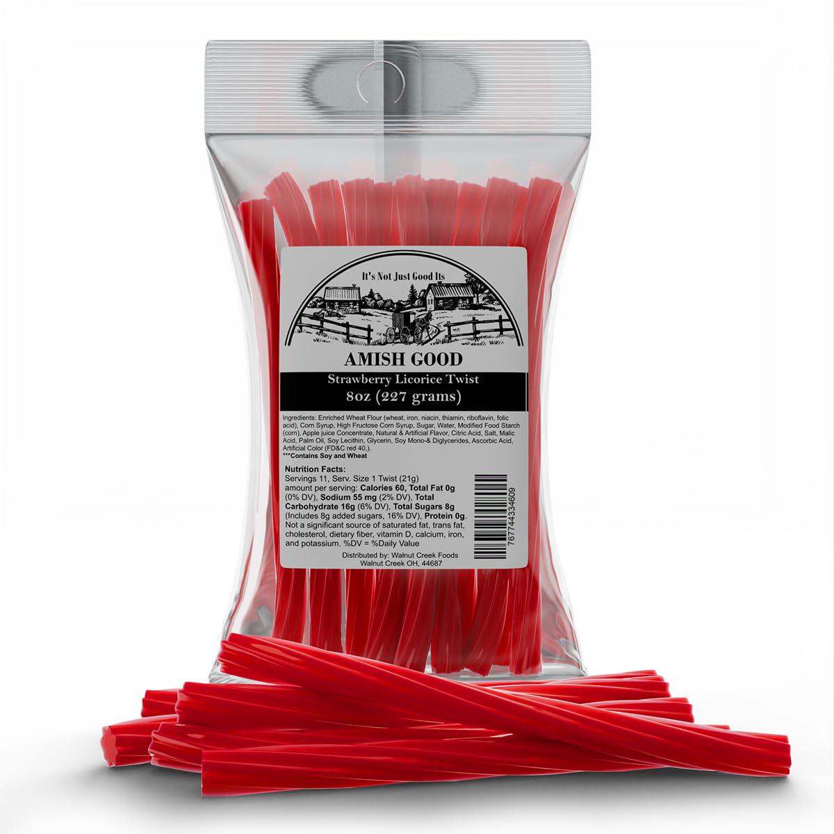 Amish Good Gourmet Licorice Twist Candy - Enhanced Sweet & Chewy Treat, Strawberry Jumbo Licorice Twist Perfect Snack Under 100 Calories