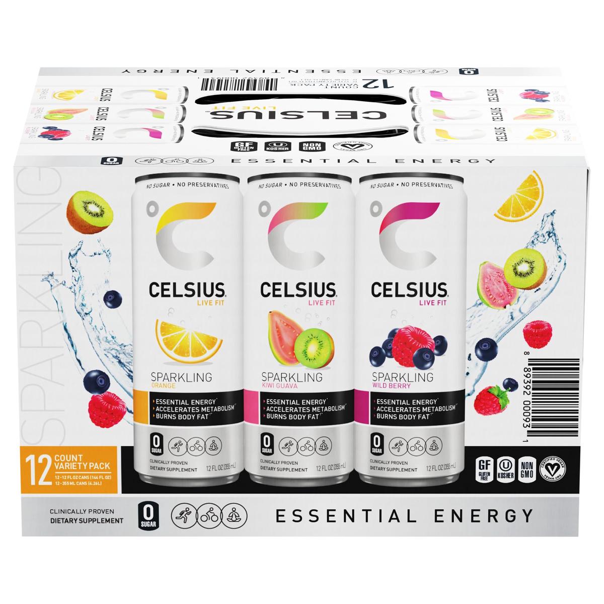 CELSIUS Sparkling Variety Pack (Orange  Wild Berry  Kiwi Guava - 12 pack