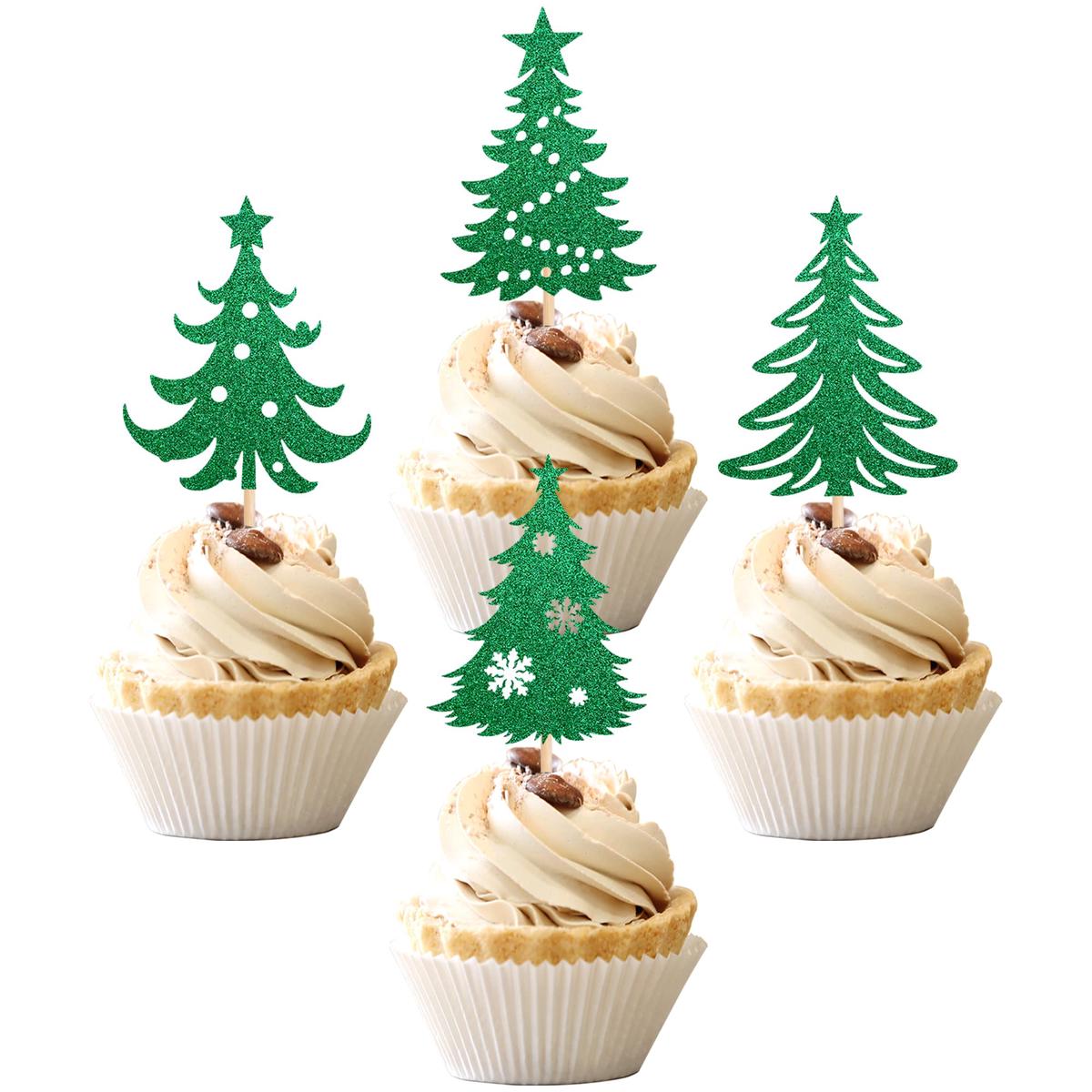 24 Pcs Christmas Tree Cupcake Toppers With Star Green Glitter Christmas Tree Cupcake Picks For Merry Christmas Theme New Year Holiday Baby Shower Kids Birthday Party Cake Decorations Supplies