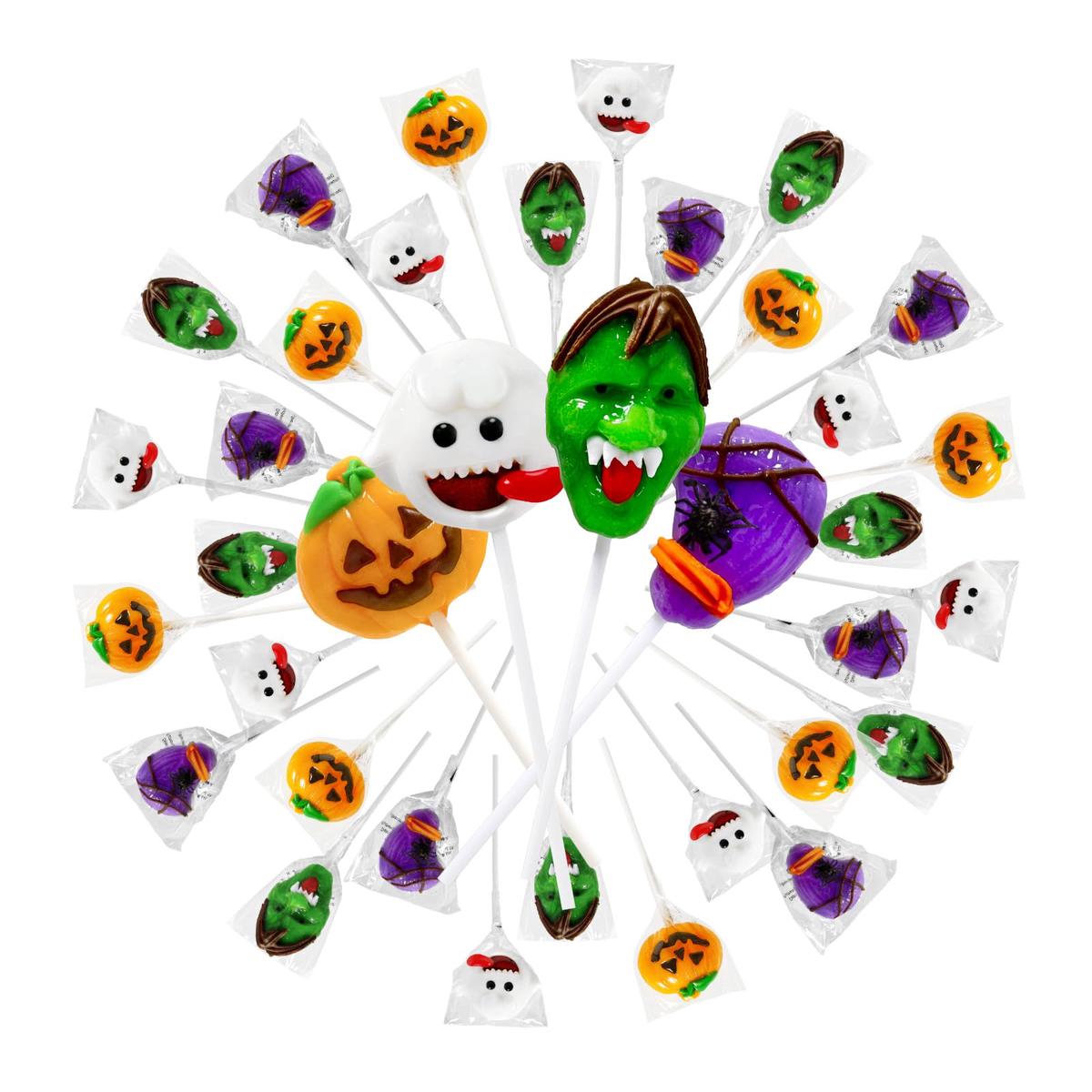 32 PK Halloween Candy Sucker Lollipops Individually Wrapped  Spooky Candies Lollipops  Green Monster  Pumpkin and Broomstick Shaped Lollipop Suckers Candy - Trick or Treat - Halloween Goody Bag Filler