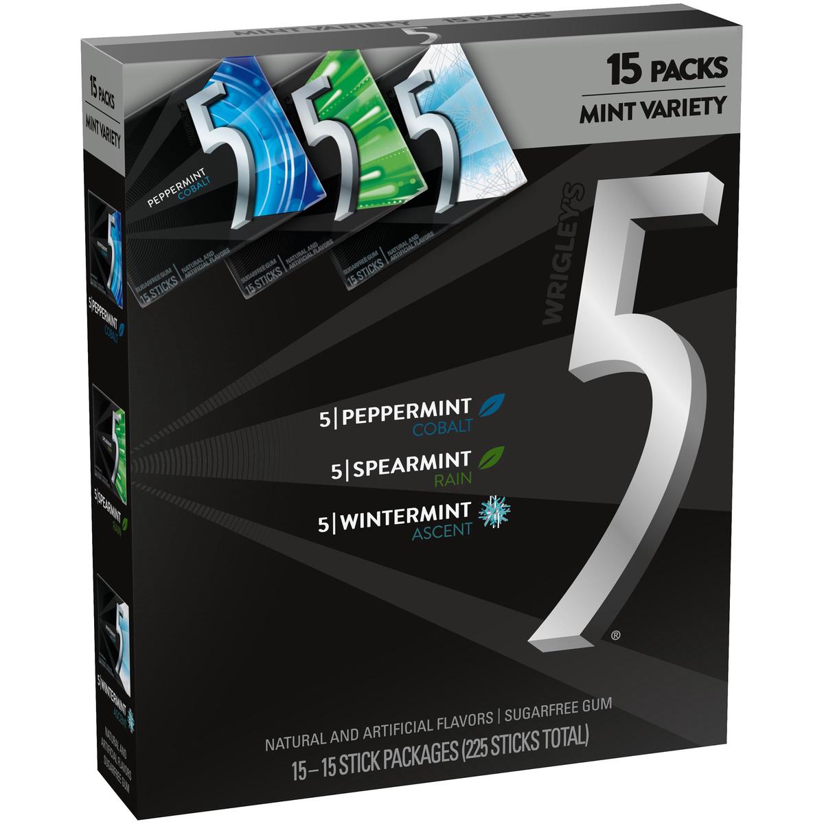 5 GUM Peppermint Cobalt, Spearmint Rain, Wintermint Ascent Sugar-Free Chewing Gum Variety Pack, 15 Packs, WRIGLEY S 15 Stick
