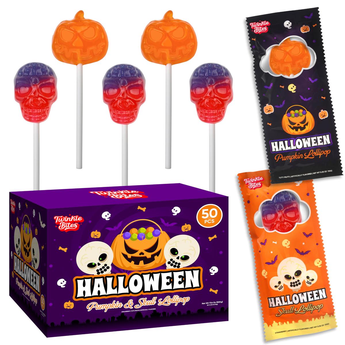 50 Pack Halloween Lollipops - Individually Wrapped Pumpkin And Skull Suckers - Strawberry And Tutti Frutti Delicious Candys - Bulk Candys Great Use  For Kids  Party Favor  Classrooms  Goodie Bags