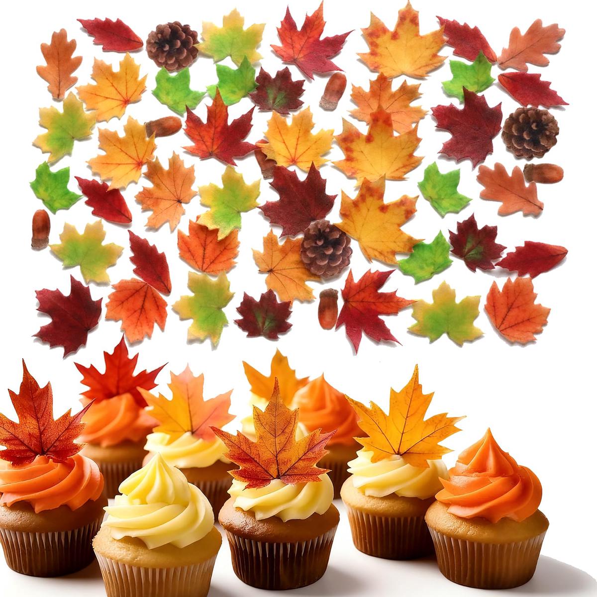 50 Pcs Edible Cupcake Toppers Cake Decorations Wafer Paper Maple Leaves & Pine Cones for Wedding Cakes Birthday Harvest Season Cake Decor (Brown&Yellow&Green)