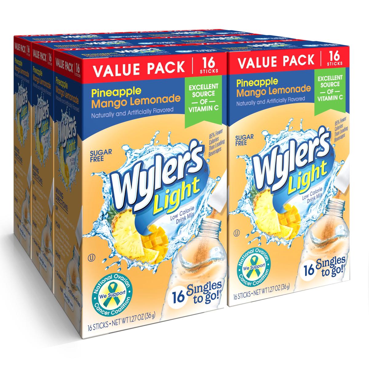 Wyler s Light Singles To Go Powder Packets, Water Drink Mix, 16 Count, 6 Boxes (96 Single Servings) (Pineapple Mango Lemonade)