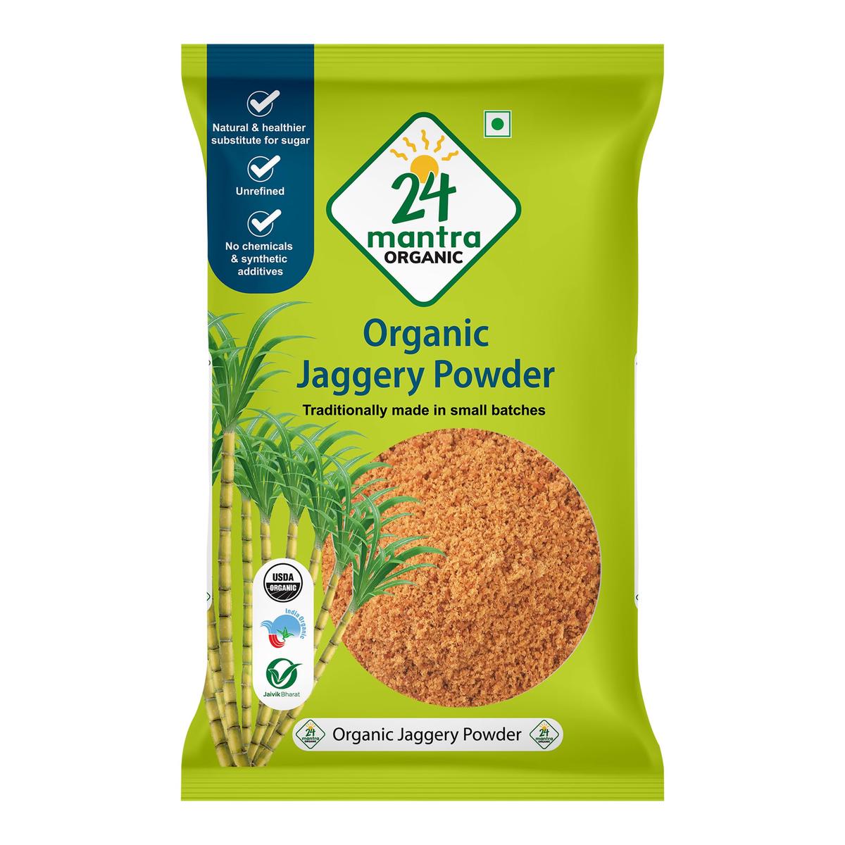 24 Mantra Organic Unbleached Jaggery Powder 500 Gms, Healthy Sugar Substitute, Unrefined & Unadulterated | Certified Organic & C