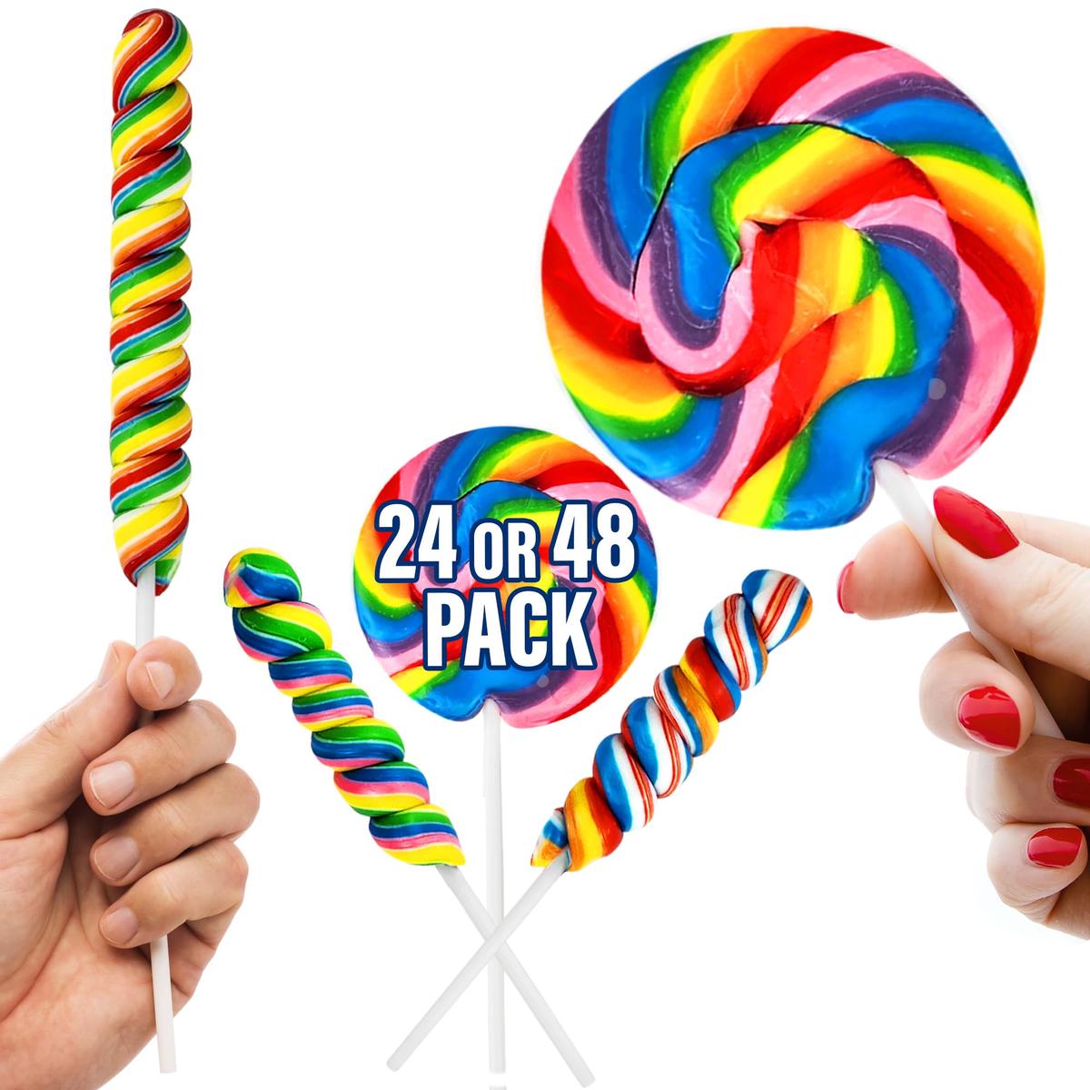 24 Rainbow Lollipops Individually Wrapped Non Broken 12 Large Swirl Lollipop 3  and 12 Large Twisty Pops, Perfect Suckers for Gi