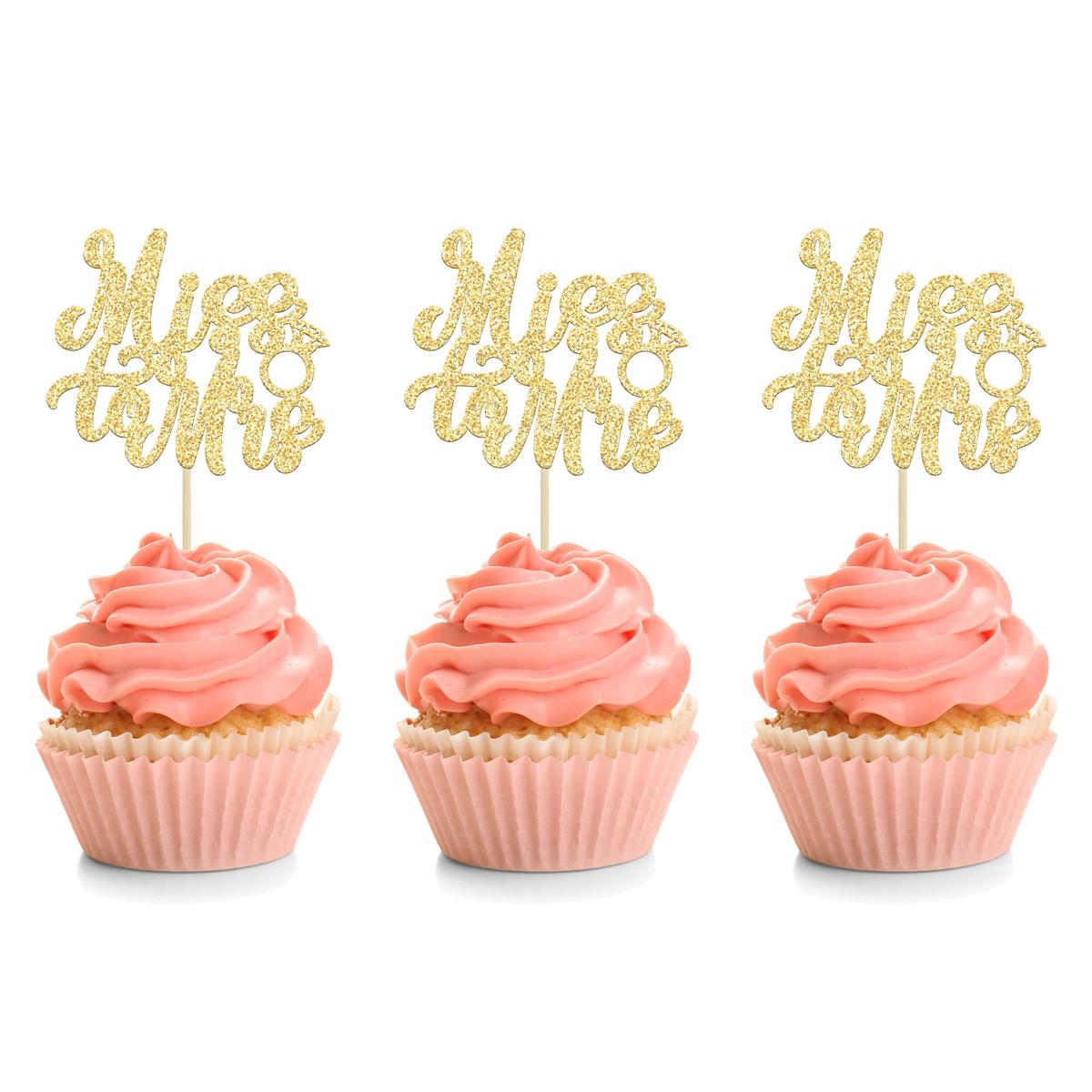 24Pcs Gold Glitter Miss To Mrs Cupcake Toppers Wedding Bridal Shower Cupcake Pick Decorations For Bridal Shower Wedding Engagement Bachelorette Party Supplies