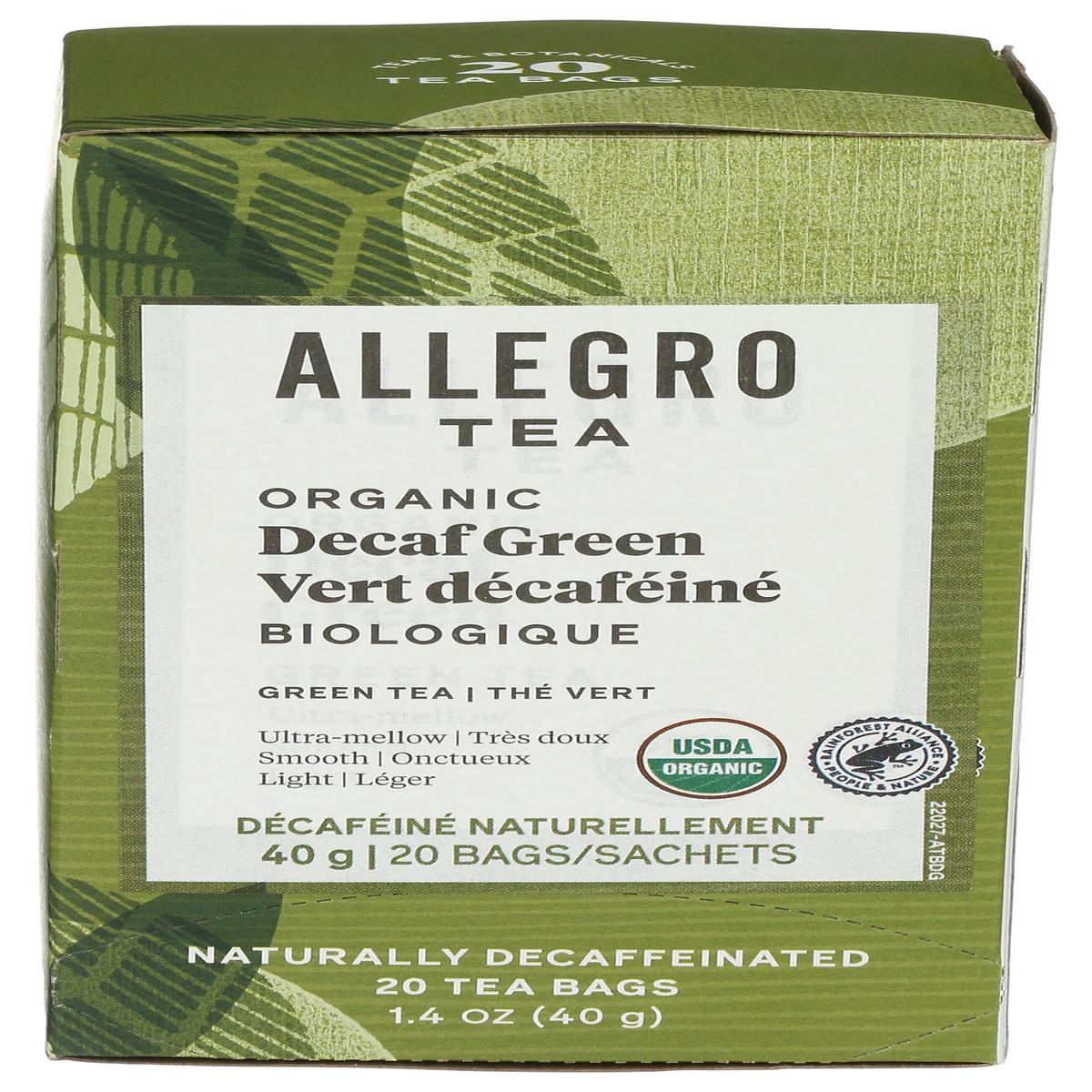 Allegro Tea Organic Decaf Green Tea Bags - 20 Count, Non-GMO, Caffeine-Free