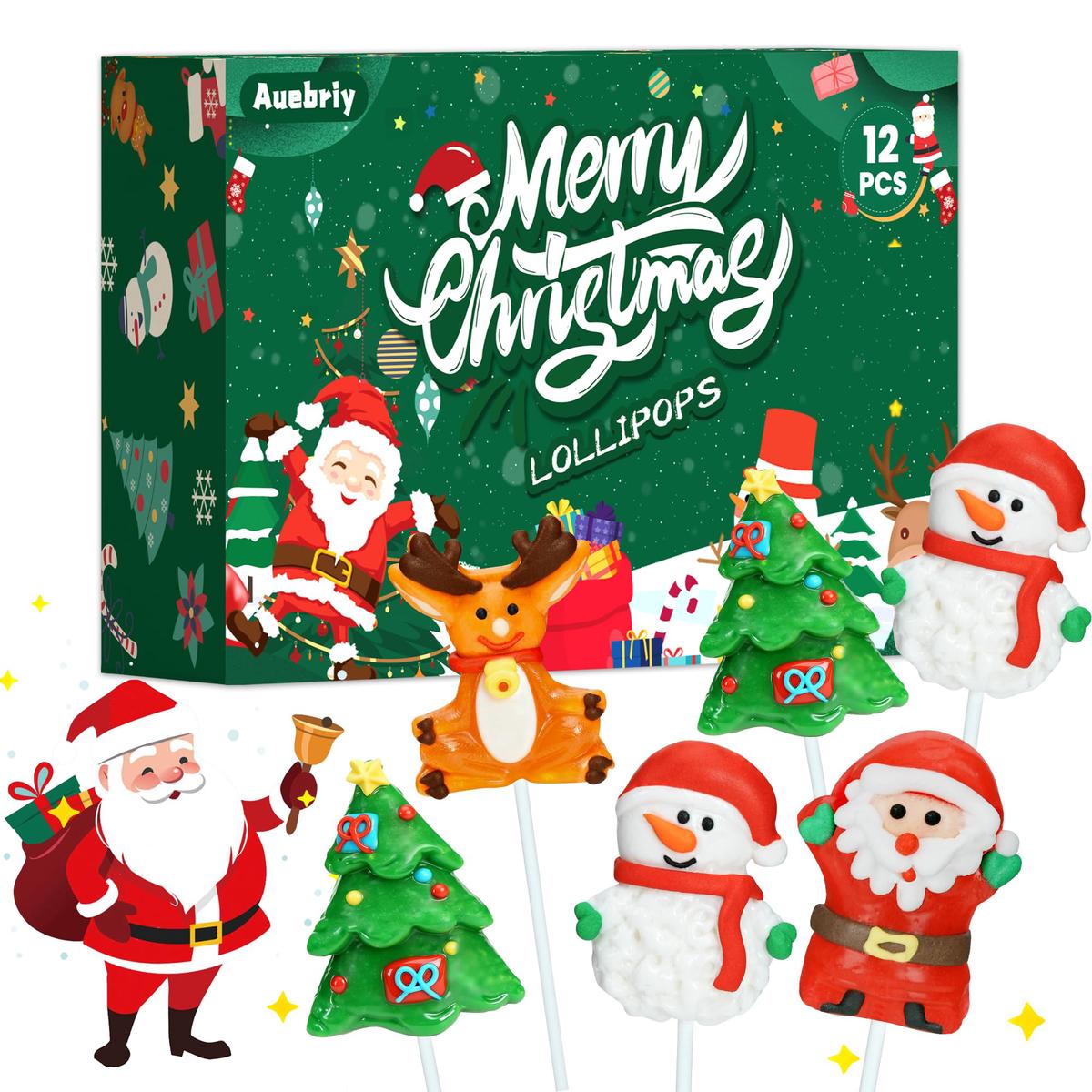 Auebriy Christmas Lollipops Suckers, 12 Count Fruit Flavored Christmas Candy Individually Wrapped Bulk With Gift Box, Snowman Candies, Holiday Themed Candy Gift Stocking Stuffers, Party Favors