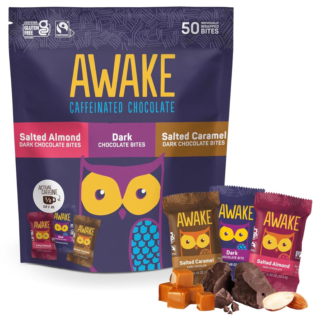 AWAKE - Caffeinated Chocolate Bites - Dark Chocolate Variety Pack (3 Flavors)  50 Bites - Dark  Salted Almond  & Salted Caramel - 50mg Caffeine - Coffee Alternative - Fairtrade  Gluten Free - 0.48oz
