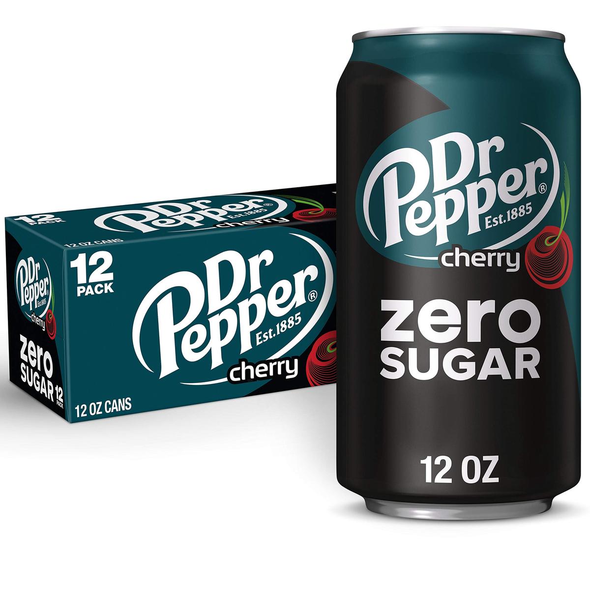 Dr Pepper Zero Sugar Cherry Soda, 12 Fl Oz Cans, 12 Pack - Refreshing Cherry Flavor, No Sugar Added