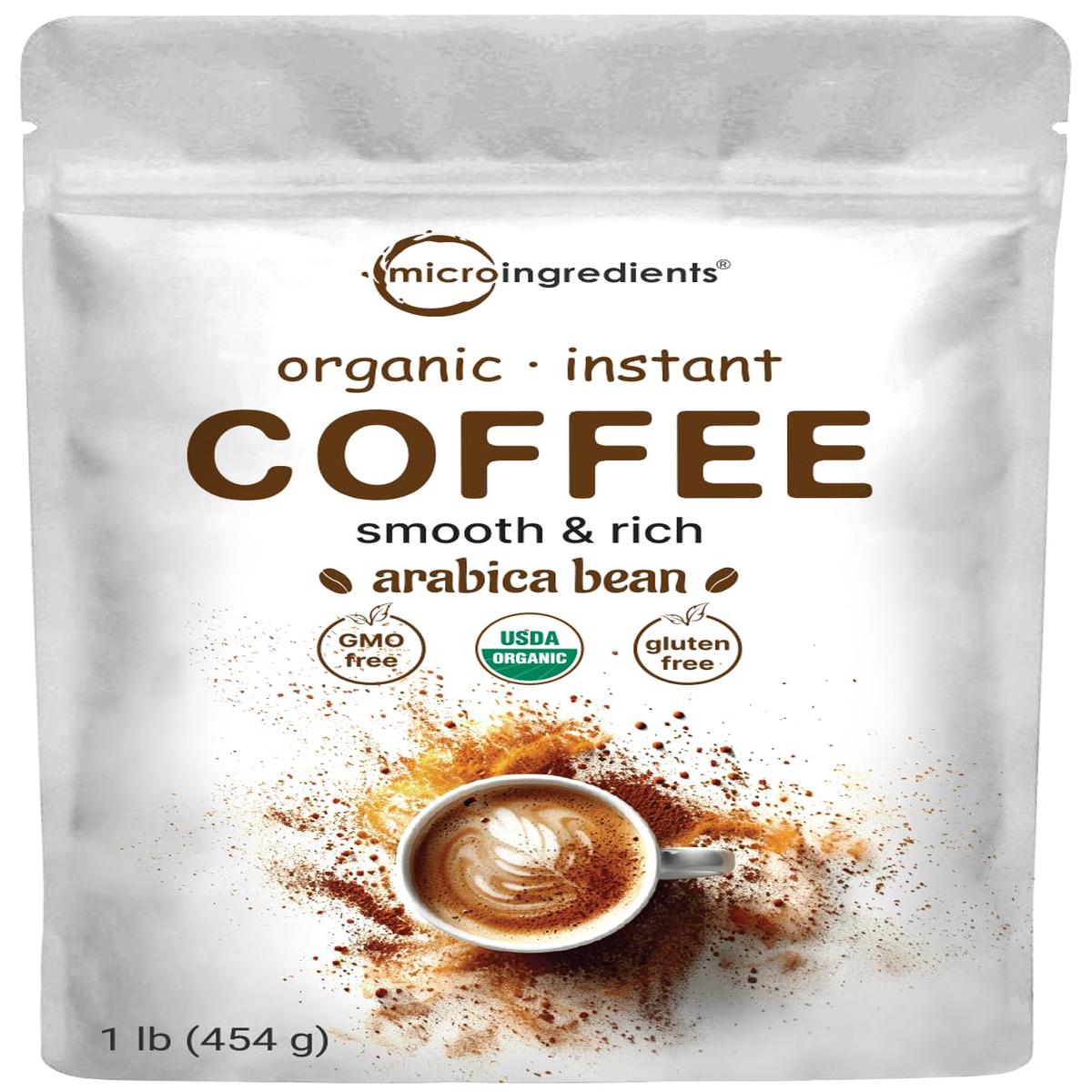 Micro Ingredients Organic Instant Coffee  Premium Arabica, Medium to Dark Roast, 1lb Powder, Non-GMO, Gluten Free, Rich Flavor
