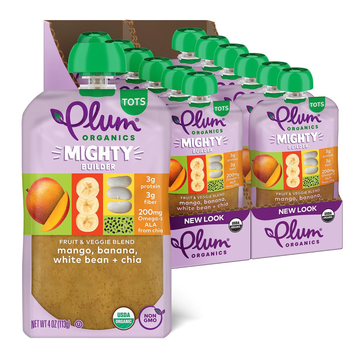 Plum Organics Mighty Builder Organic Toddler Food - Mango, Banana, White Bean, and Chia - 4 oz Pouch (Pack of 12) - Organic Frui