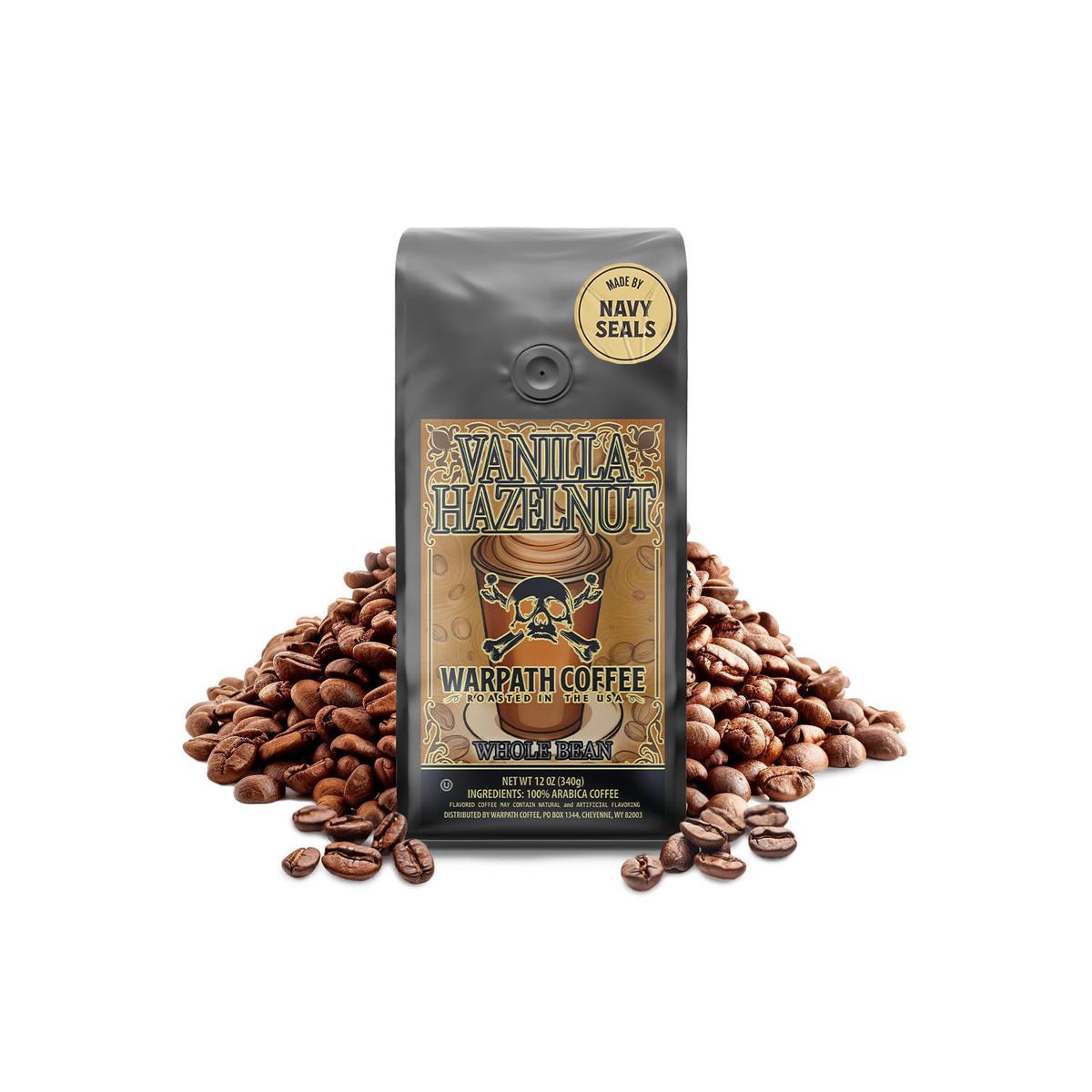 Warpath Coffee Light Roast Whole Bean Coffee, Vanilla Hazelnut, High Caffeine, 12oz