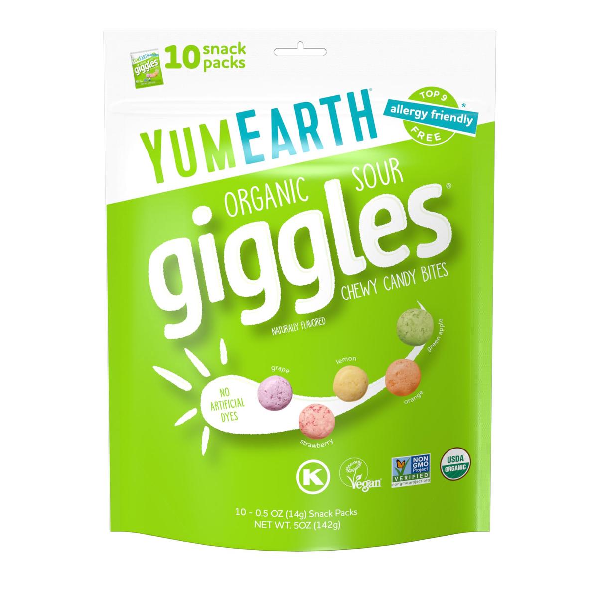 YumEarth Organic Sour Giggles Chewy Candy - Allergy Friendly, Non-GMO, Vegan - 0.5 Ounce (Pack of 10) - Assorted