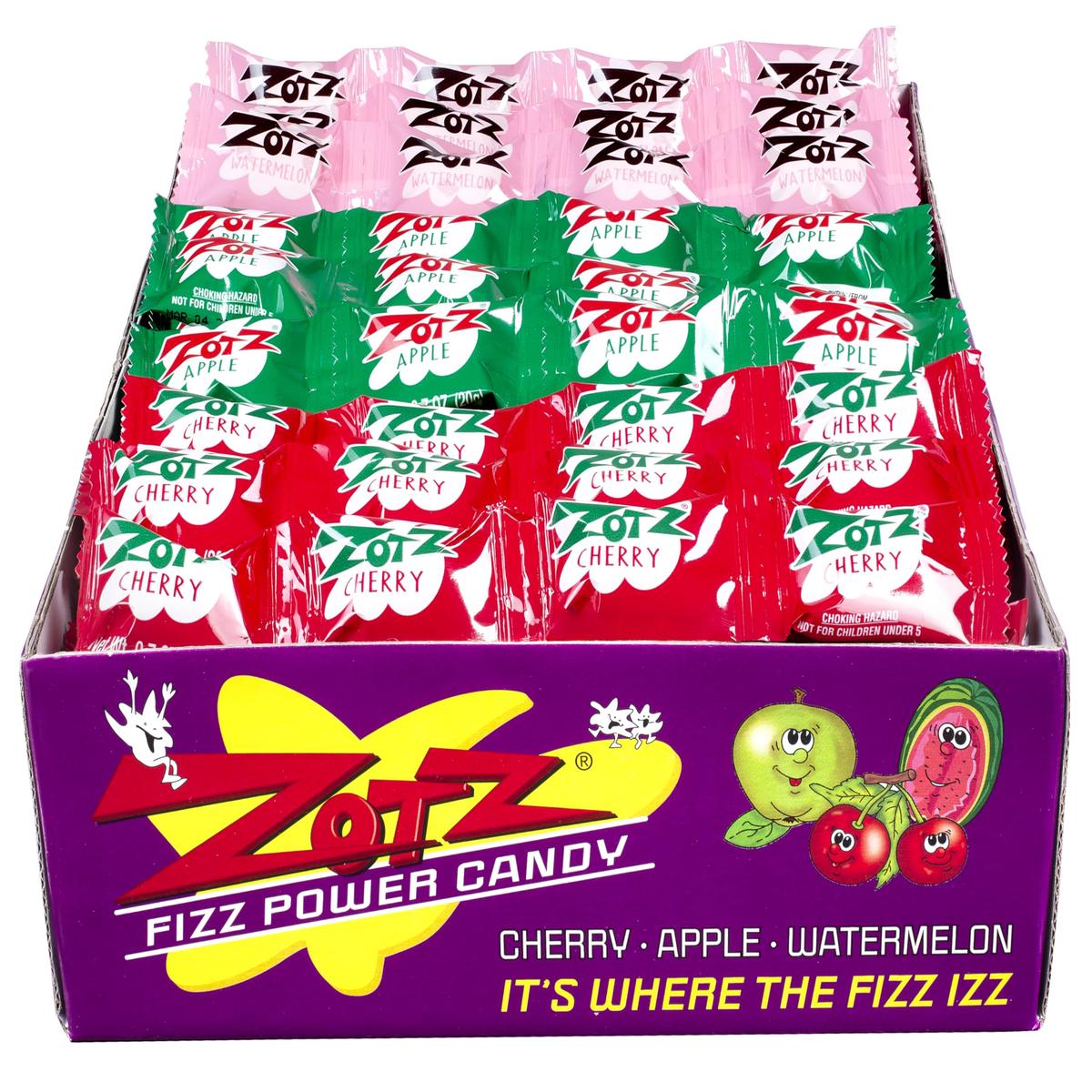 Zotz Fizzy Old Fashioned Hard Candy Assorted Fruit Flavored, Cherry, Apple, Watermelon Individually Wrapped. Filled With A Fizzy