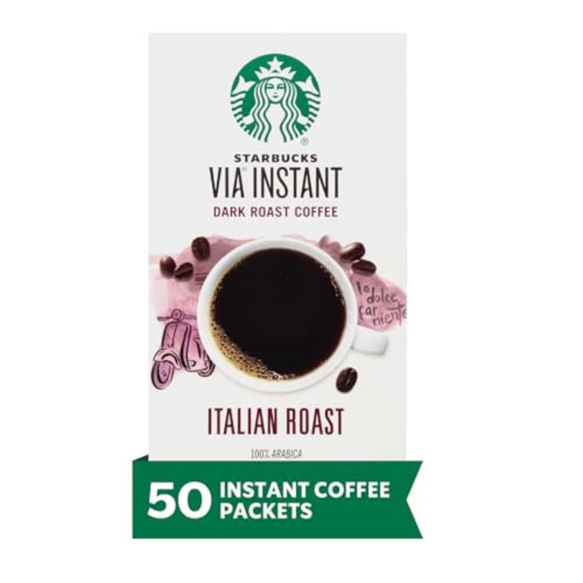 Starbucks VIA Instant Coffee, Dark Roast Italian Roast, 100% Arabica, 50 Packets (0.11 Ounce Each)