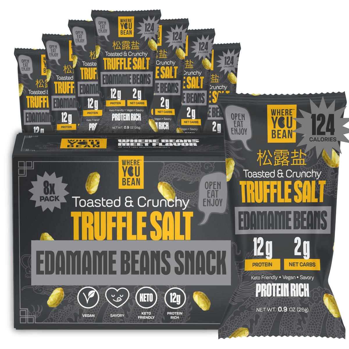 Where You Bean Edamame Beans Snack, Truffle Salt, High Protein, Keto & Vegan, 0.9 oz (Pack of 8), Multicolor