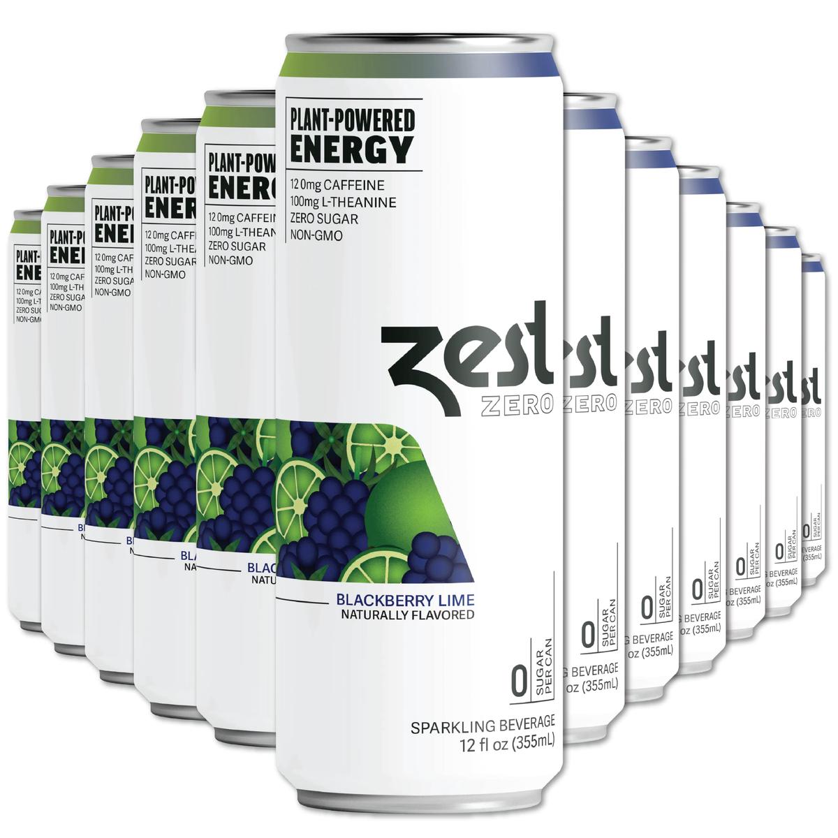 Zest Clean Energy Drink  Blackberry Lime  Zero Sugar, 0 Calories  120Mg Caffeine + 100Mg L-Theanine For Focus, Energy & Concentration  Healthy Zero Sugar Energy Drink  12Oz Can, 12 Pack