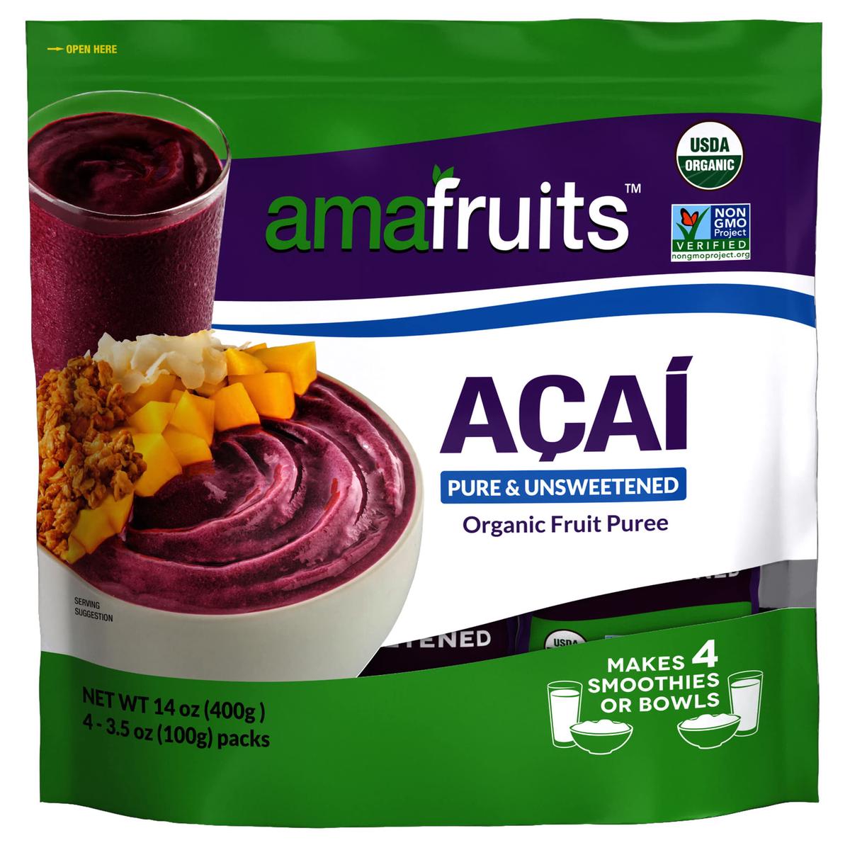 Amafruits Acai Berry Frozen Puree Smoothie Packs, USDA Organic, Non-GMO, 24 Packs x 3.5oz