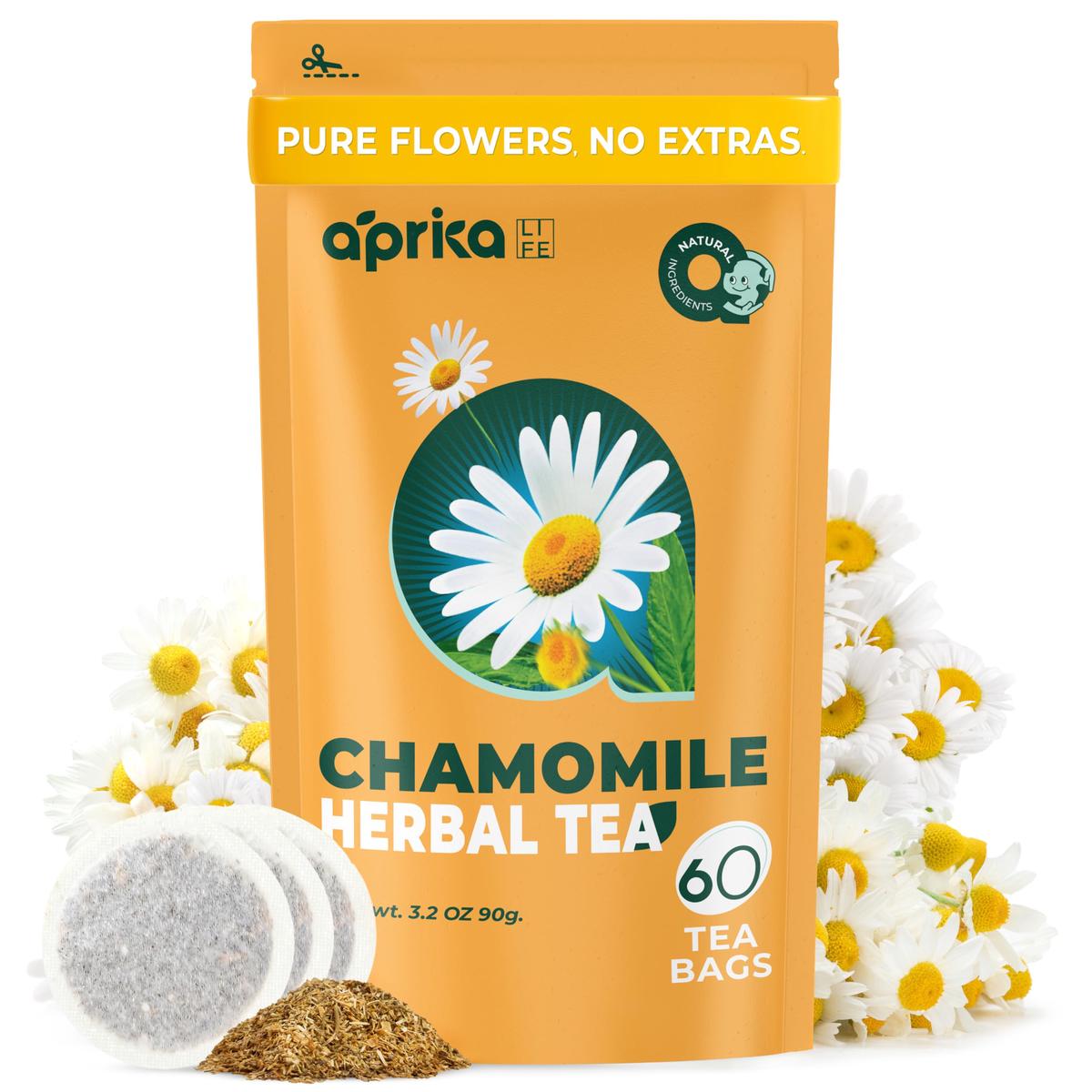 Aprika Life Chamomile Tea Bags - 100% Pure Flowers, Caffeine Free, 60 Count