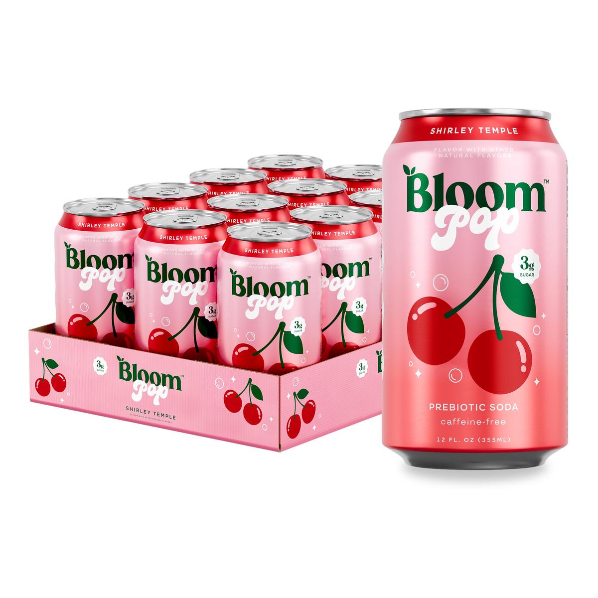 Bloom Pop Prebiotic Soda 12 Pack  Shirley Temple Flavor  12oz Cans | Prebiotic Soda for Gut Health  Low Calorie Soda  No Caffeine  Healthy Soft Drink Alternative