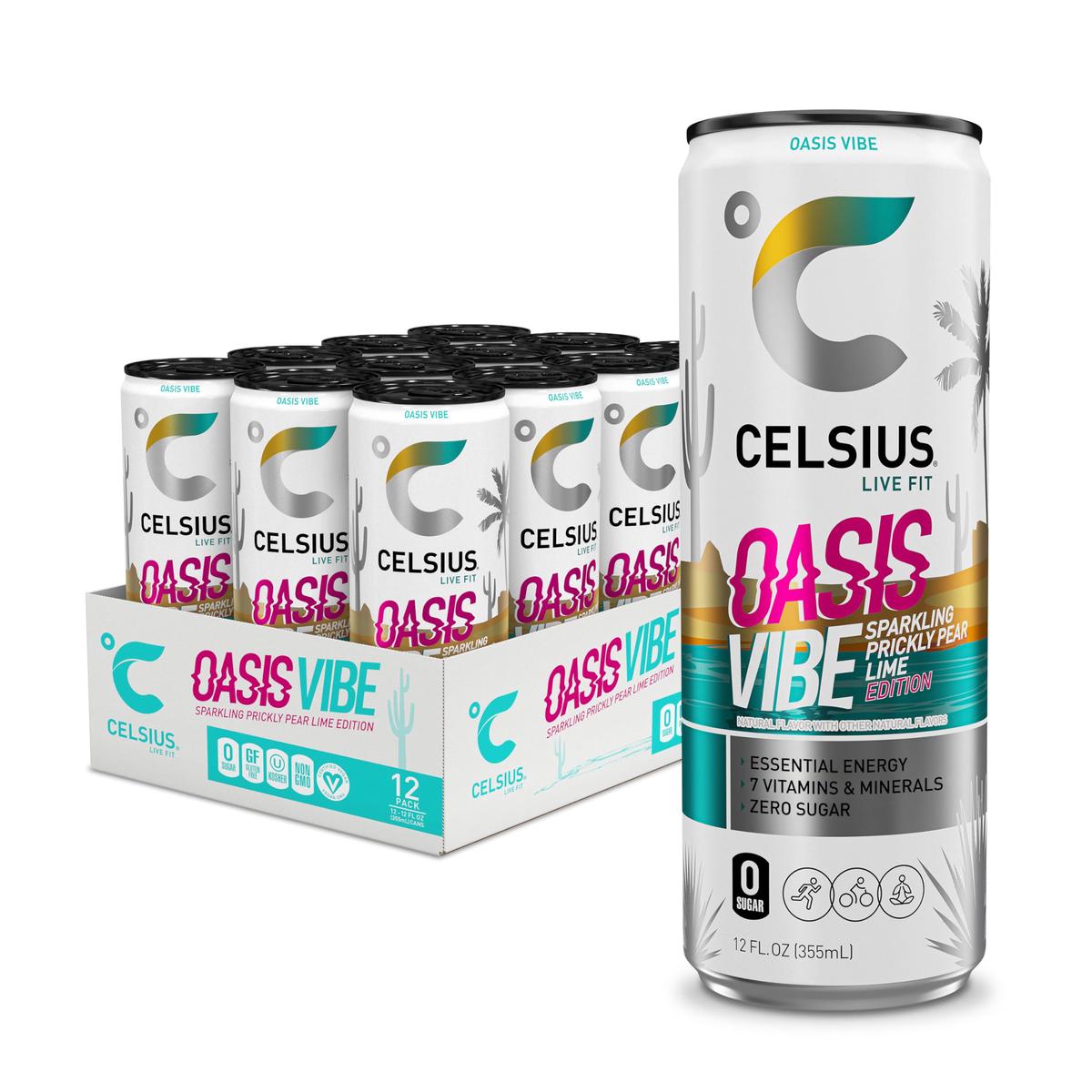 CELSIUS Sparkling Oasis Vibe Energy Drink, 12 Fl Oz, Pack of 12, Model ANICEMOON