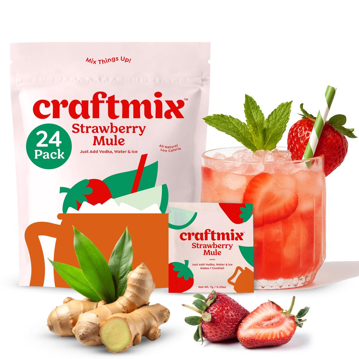 Craftmix Strawberry Mule Cocktail & Mocktail Drink Mixer, Skinny Mixes - Water Flavoring Packets - Made With Real Fruit - Vegan, Low-Carb, Low-Sugar, Non-Gmo, Dairy Free, Gluten Free, 24 Pack