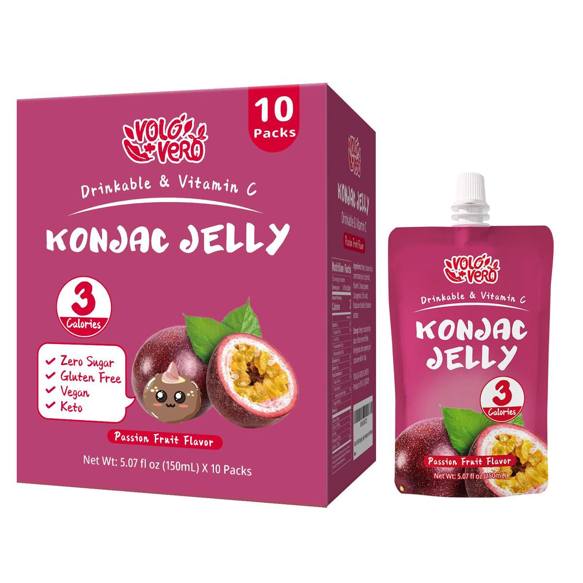 Volo Vero Konjac Jelly Squeeze Pouch Passion Fruit Flavor, Low Calories (3 Kcal), 10 Packs, Gluten Free & Vegan, 0 Sugar, Keto, Low Carb, Drinkable Vitamin C Healthy Snacks, Holiday Gifts