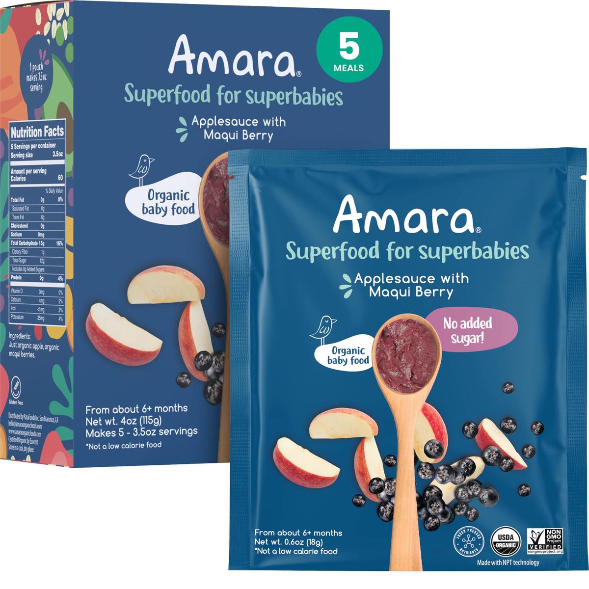 Amara Organic Baby Food - Stage 2 - Applesauce & Maqui Berry - Baby Cereal To Mix With Breastmilk, Water Or Baby Formula - Shelf Stable Baby Food Made From Organic Fruit - 5 Pouches, 3.5Oz Per Serving