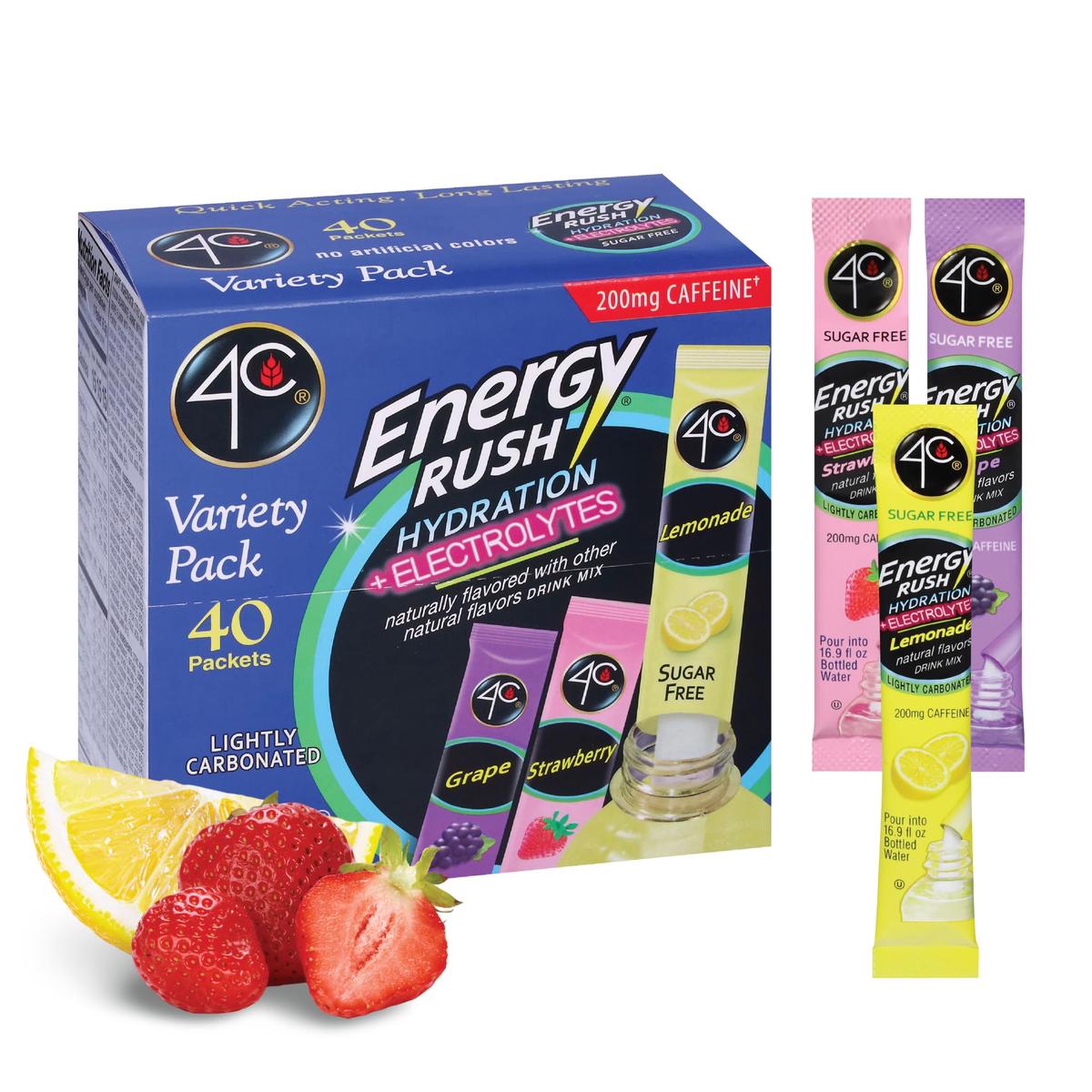 4C Energy Rush PSD Electrolyte Variety Pack Stix, 40 ct (14 Lemonade, 12 Strawberry, 14 G ), 4.35 Ounce