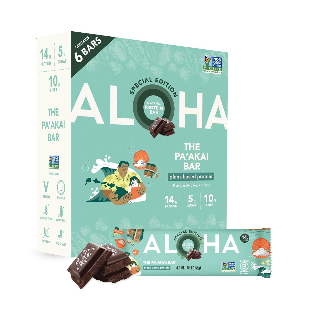ALOHA Organic Plant Based Protein Bars - The Paakai Bar, Special Edition, Vegan, Low Sugar, Gluten Free, 6 Count, 1.98oz