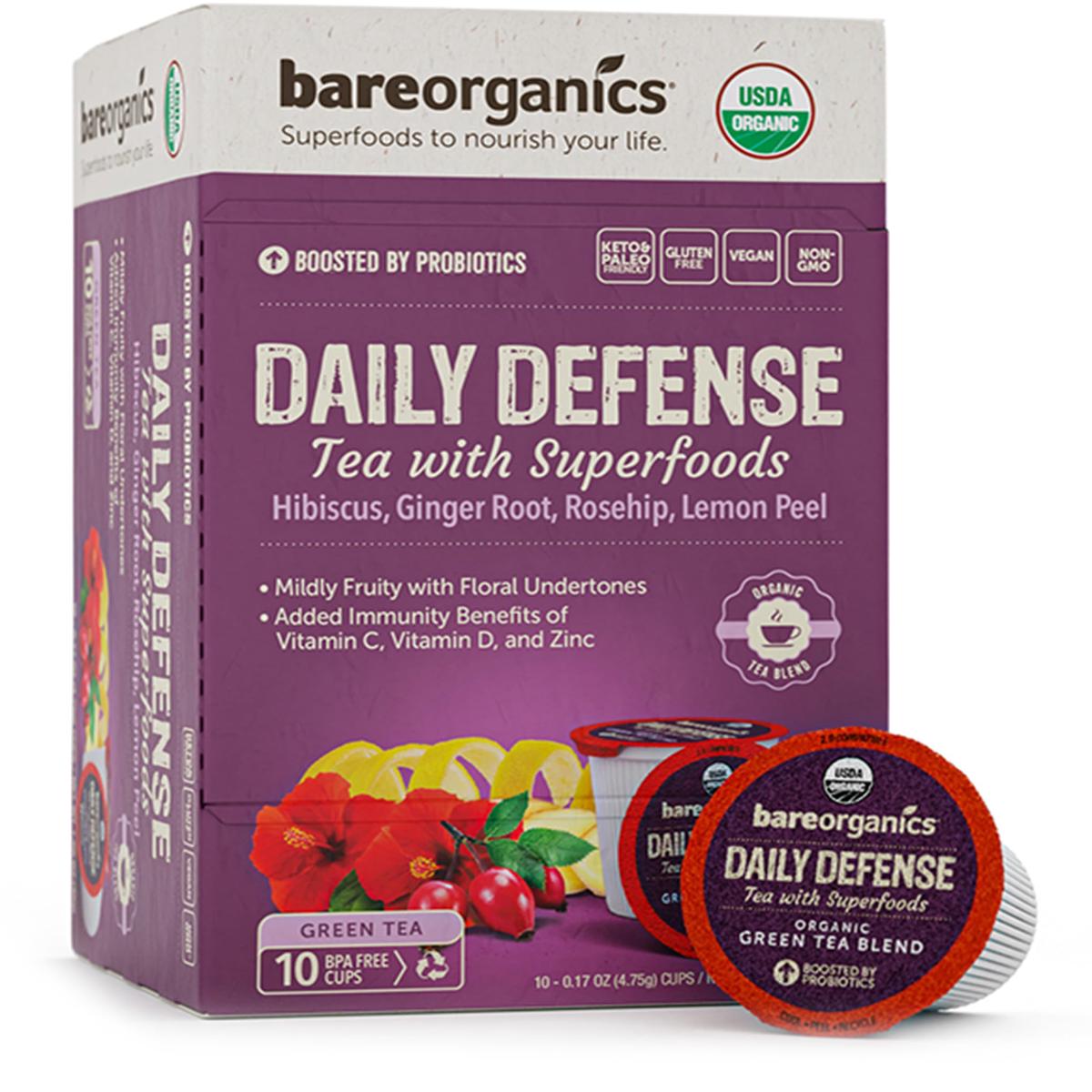 BareOrganics DAILY DEFENSE TEA (Organic) with superfoods and Probiotics  10ct single serve Cups