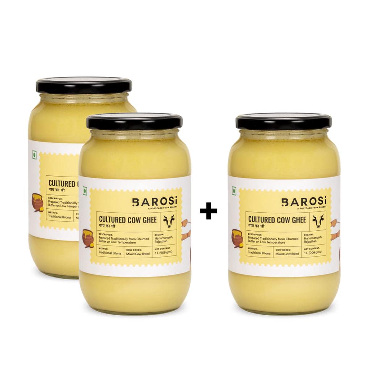 Barosi Enhanced Cultured Desi Cow Ghee 3 Litre | Value Saver Family Pack | Vedic Bilona Method | Churned From Curd | Pure & Natural | Farm Made In Small Batches | Glass Jar Packing