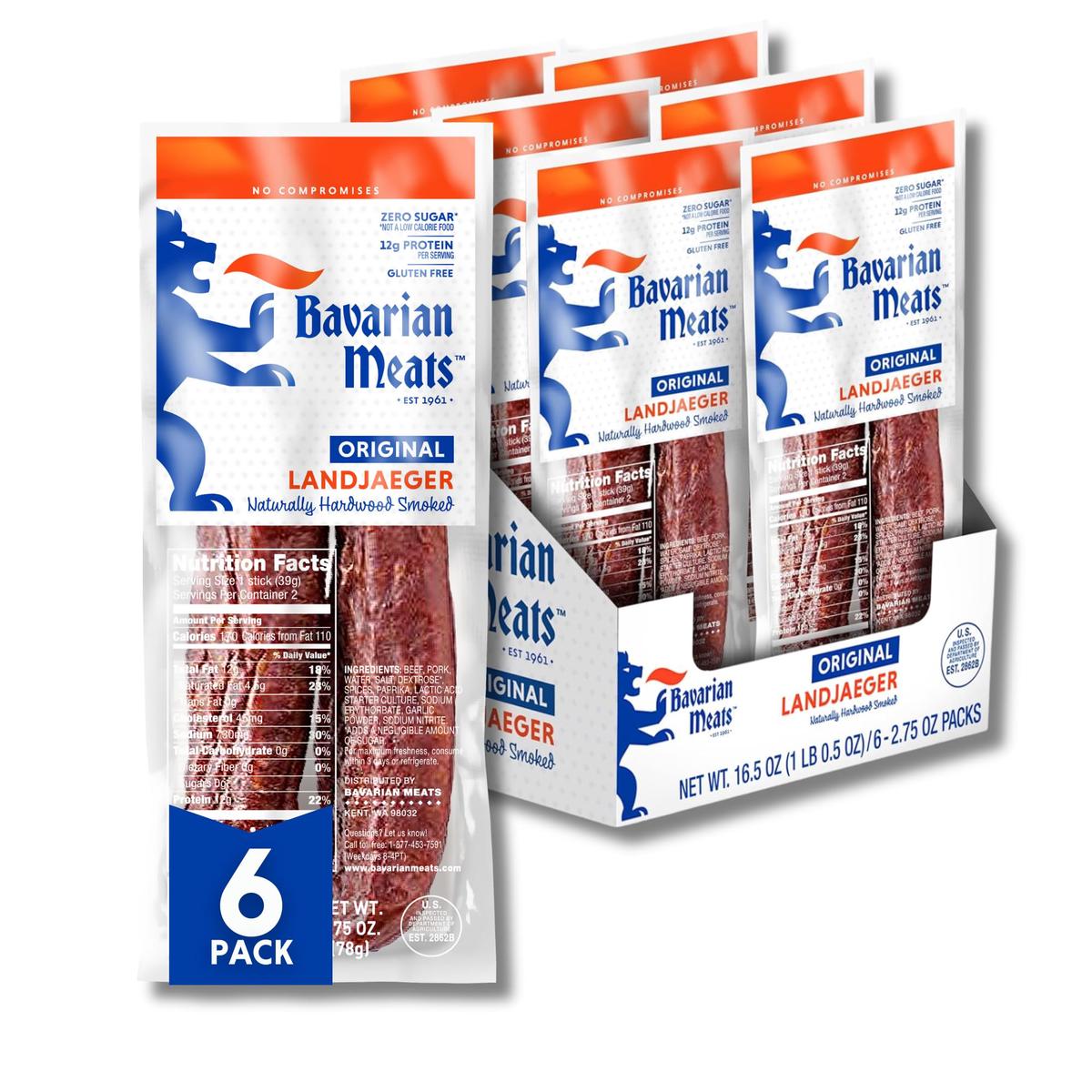 Bavarian Meats Landjaeger Smoked Sausage Snack Sticks, 2.75 Ounce (Pack of 6), Brown