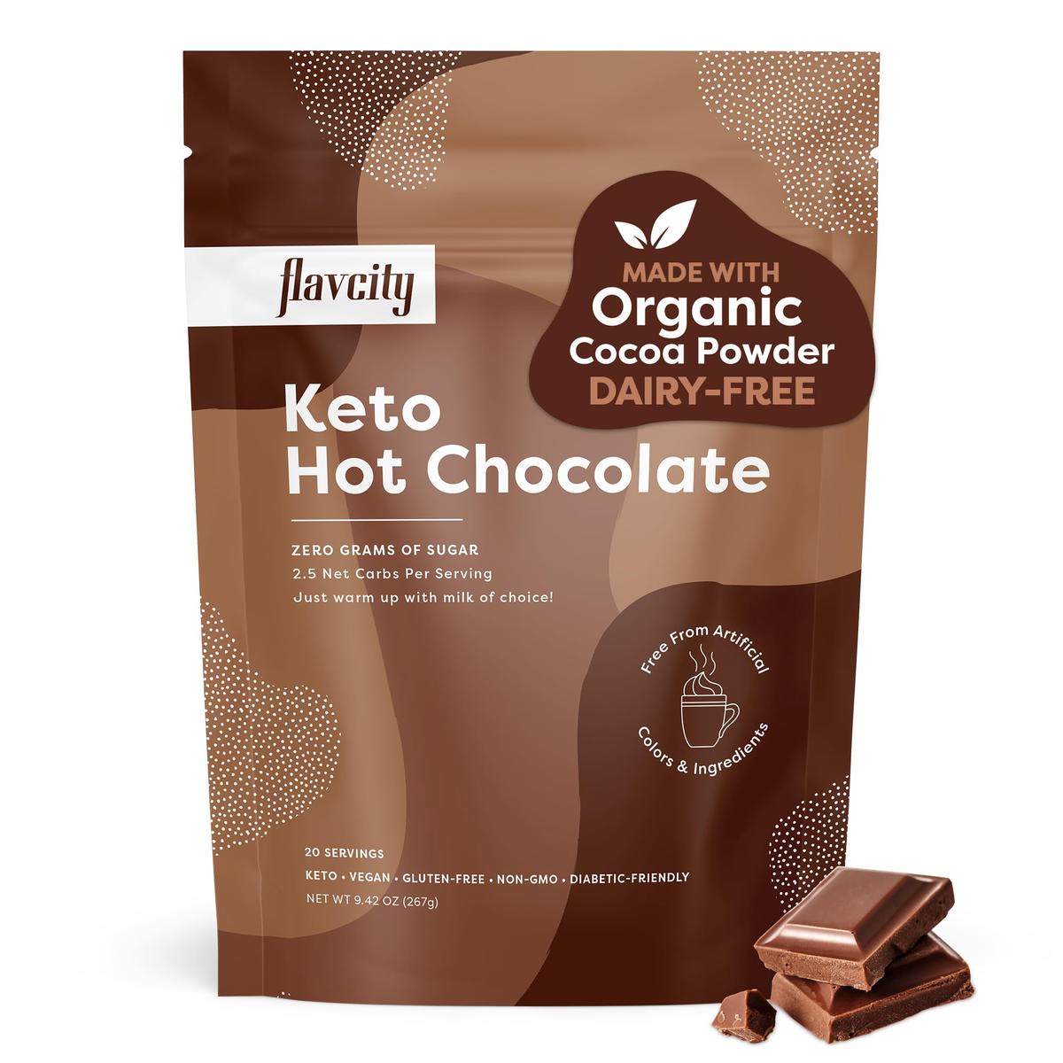 FlavCity Prebiotic Keto Hot Chocolate Mix - Vegan, Low-Carb, High Fiber, 45 Calories - 9.45 oz, Dairy & Sugar-Free, 20 Servings
