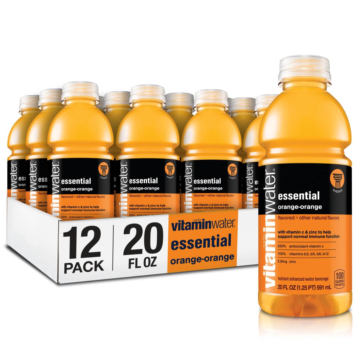 vitaminwater Essential Electrolyte Enhanced Water, Orange, 20 fl oz, Pack of 12 - Hydrating Drinks with Vitamins