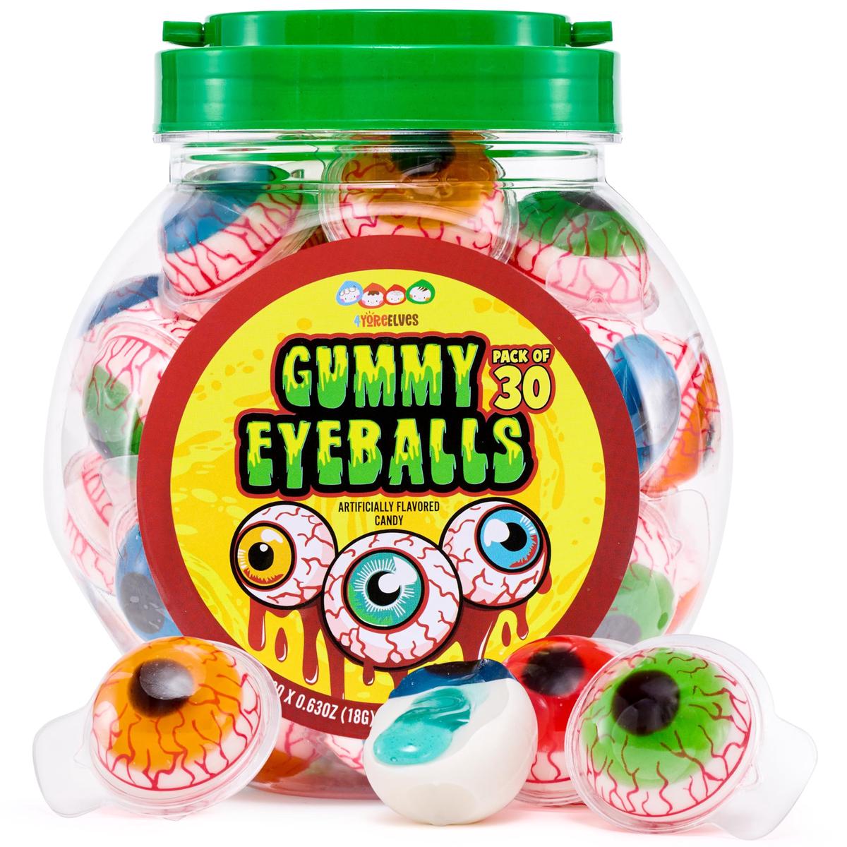 30 Gummy Eyeballs  Spooky Halloween Eyeball Candy in 4 Flavors  Soft Gummies with Jelly Filling  Individually Wrapped  By 4YoreElves (19 oz)