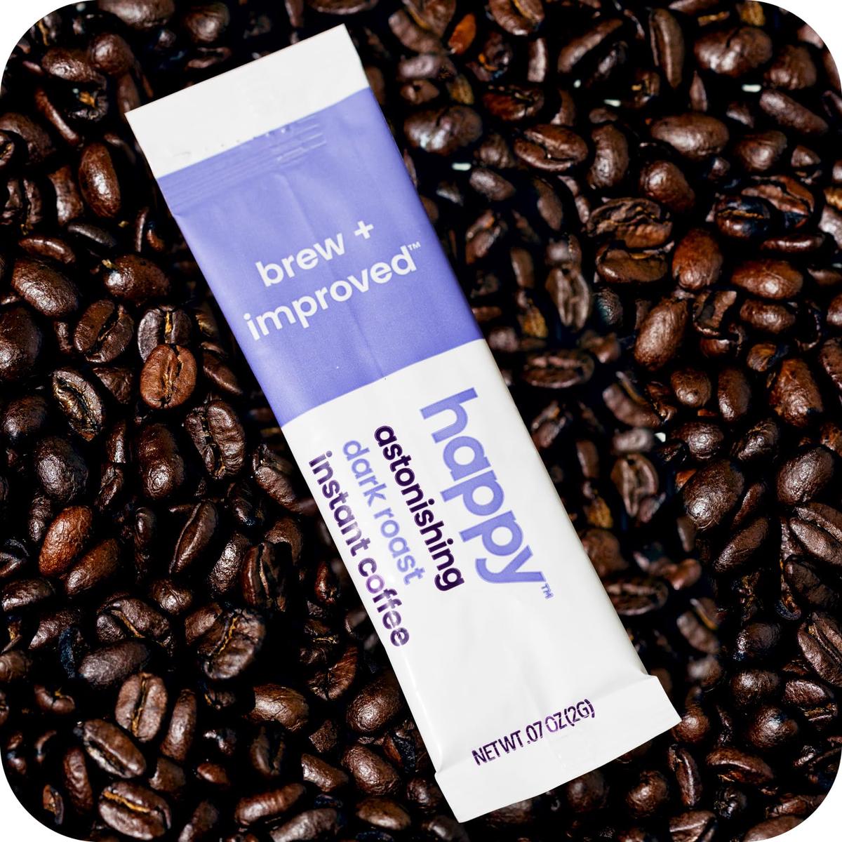 Happy Instant Coffee, Dark Roast With Notes Of Sweet Molasses And Bliss, 8 Packets, Single Serve, Use For Hot Or Iced Coffee, Su
