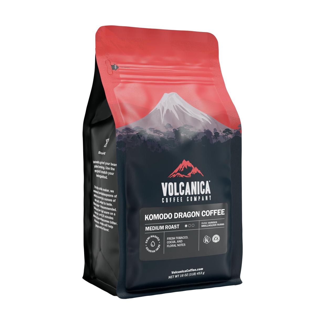 Volcanica Coffee Komodo Dragon, 100% Pure Ground Coffee, Medium Roast, 16oz Brown, Fresh Roasted, 1 Pound Pack